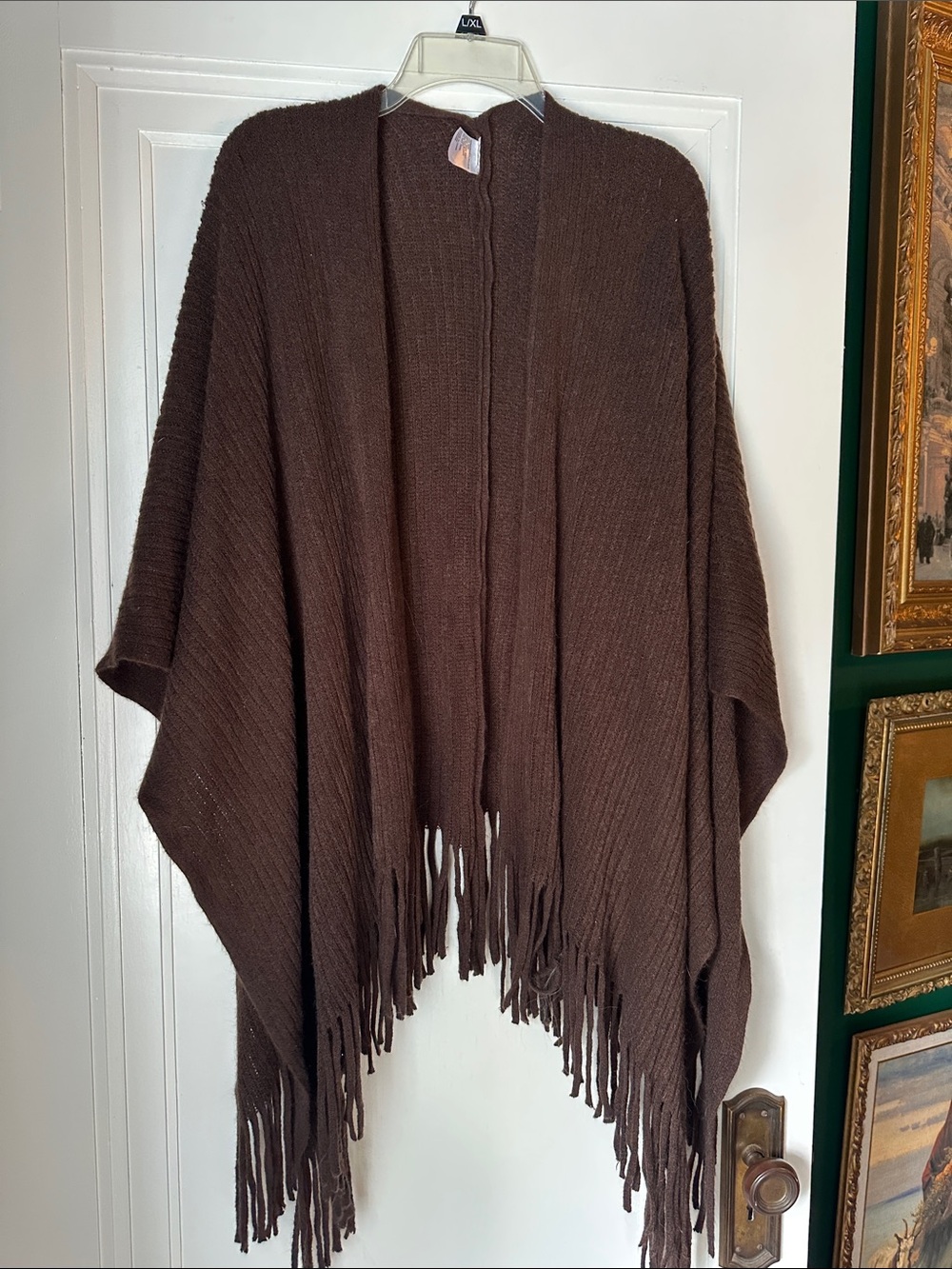 Brown Fringe Knit Poncho - Unbranded
